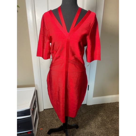 Party Cocktail  Venus Red Bodycon  Dress V Neck Short Sleeve #Holidays - Picture 1 of 5
